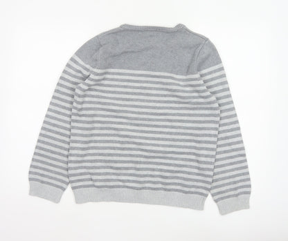 Bhs Women’s Grey White Striped Crew Neck Jumper UK 14 Cotton Knit