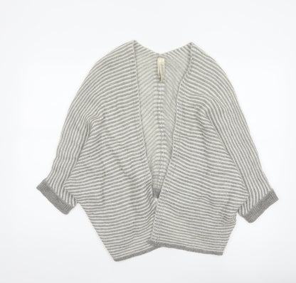Pull&Bear Women Grey White Stripe Open Knit Cardigan Size L