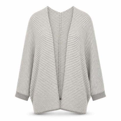 Pull&Bear Women Grey White Stripe Open Knit Cardigan Size L