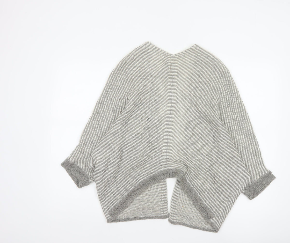 Pull&Bear Women Grey White Stripe Open Knit Cardigan Size L