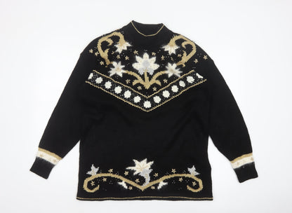 Dama Scott Women’s Black L Christmas Reindeer Beaded Mock Neck Pullover