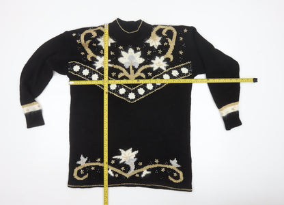 Dama Scott Women’s Black L Christmas Reindeer Beaded Mock Neck Pullover