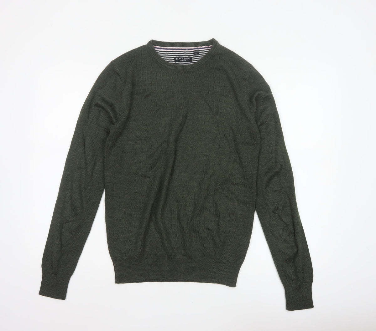 Brave Soul Men’s Green M Crew Neck Pullover Tight-Knit Jumper