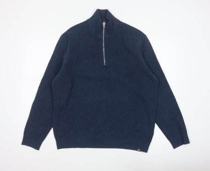 Marks & Spencer Men's Blue XL 1/2 Zip Cotton Blend Knit Jumper