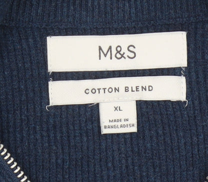 Marks & Spencer Men's Blue XL 1/2 Zip Cotton Blend Knit Jumper