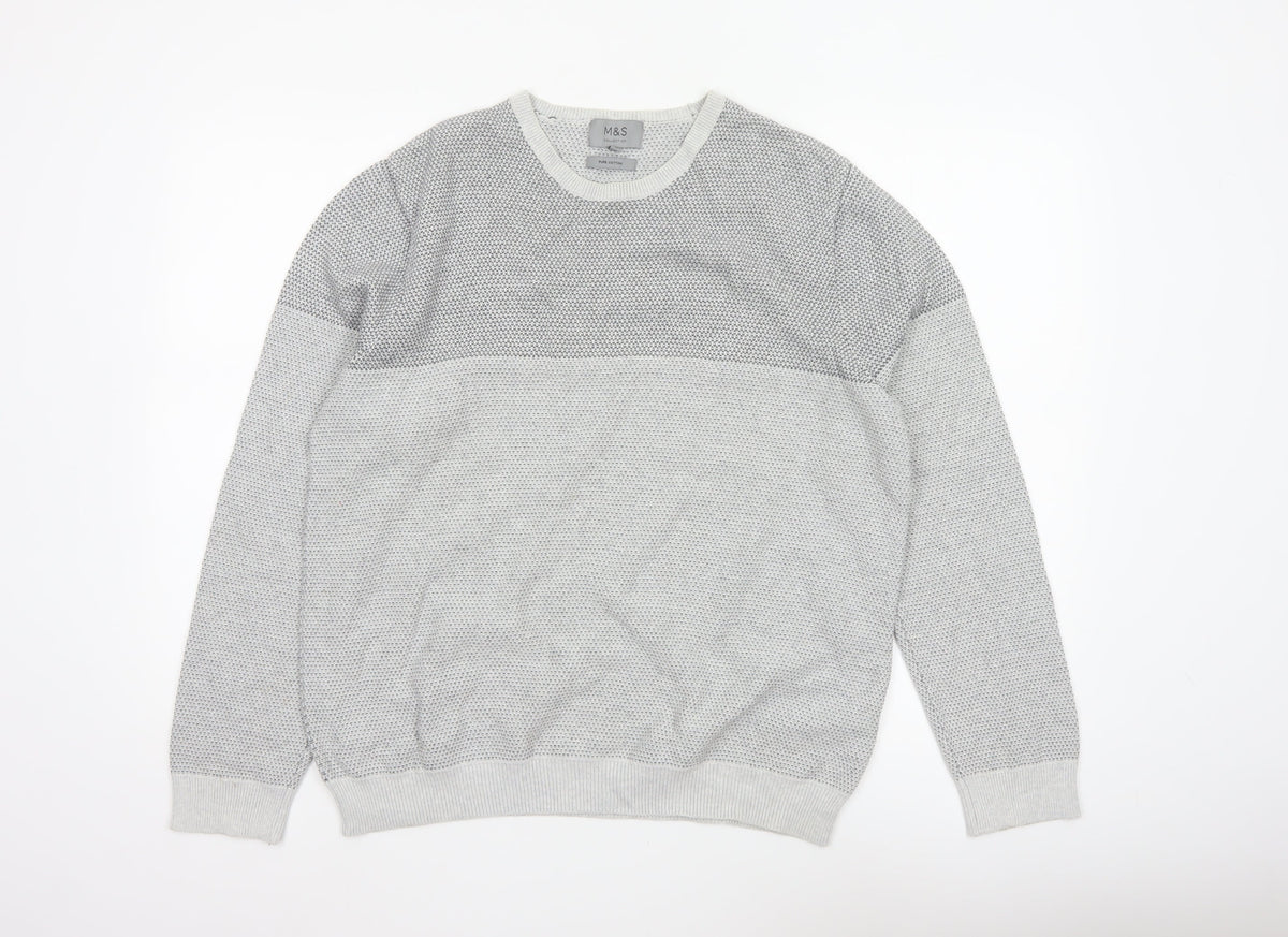 Marks & Spencer Men Grey L Pure Cotton Textured Knit Pullover Jumper