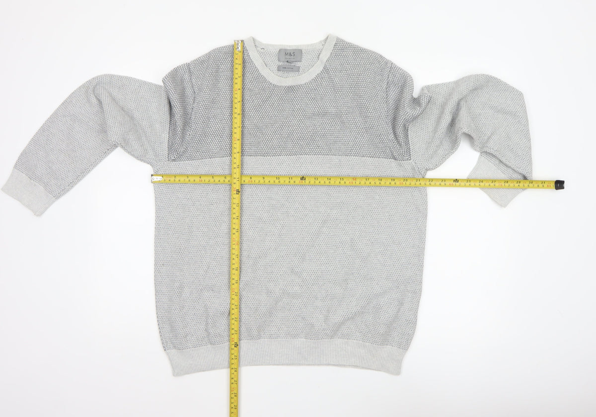 Marks & Spencer Men Grey L Pure Cotton Textured Knit Pullover Jumper