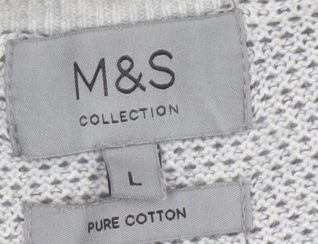 Marks & Spencer Men Grey L Pure Cotton Textured Knit Pullover Jumper