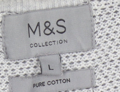 Marks & Spencer Men Grey L Pure Cotton Textured Knit Pullover Jumper