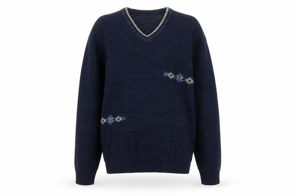 BHS Men's Navy Blue Small V-Neck Geometric Knit Acrylic Pullover Jumper
