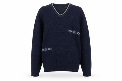 BHS Men's Navy Blue Small V-Neck Geometric Knit Acrylic Pullover Jumper