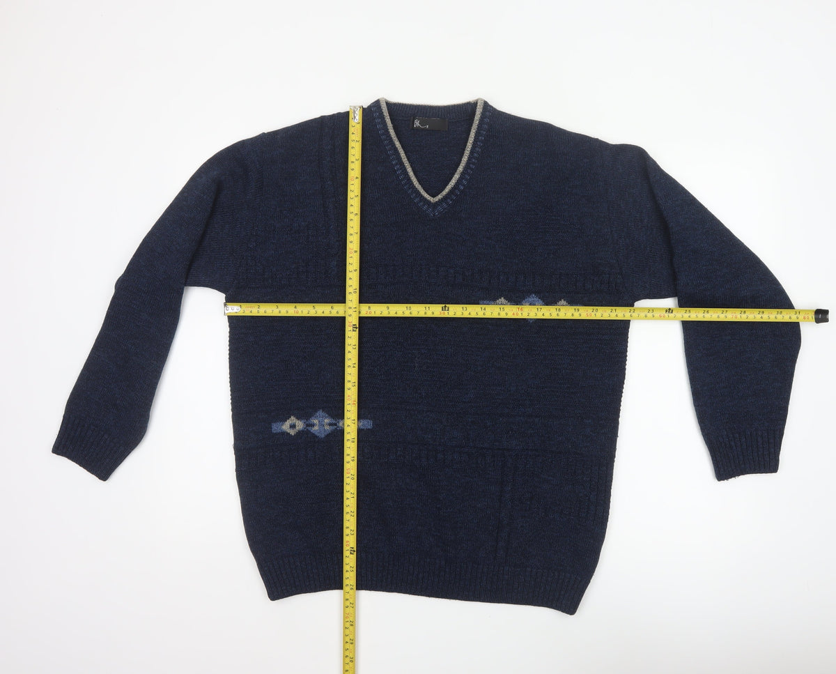 BHS Men's Navy Blue Small V-Neck Geometric Knit Acrylic Pullover Jumper