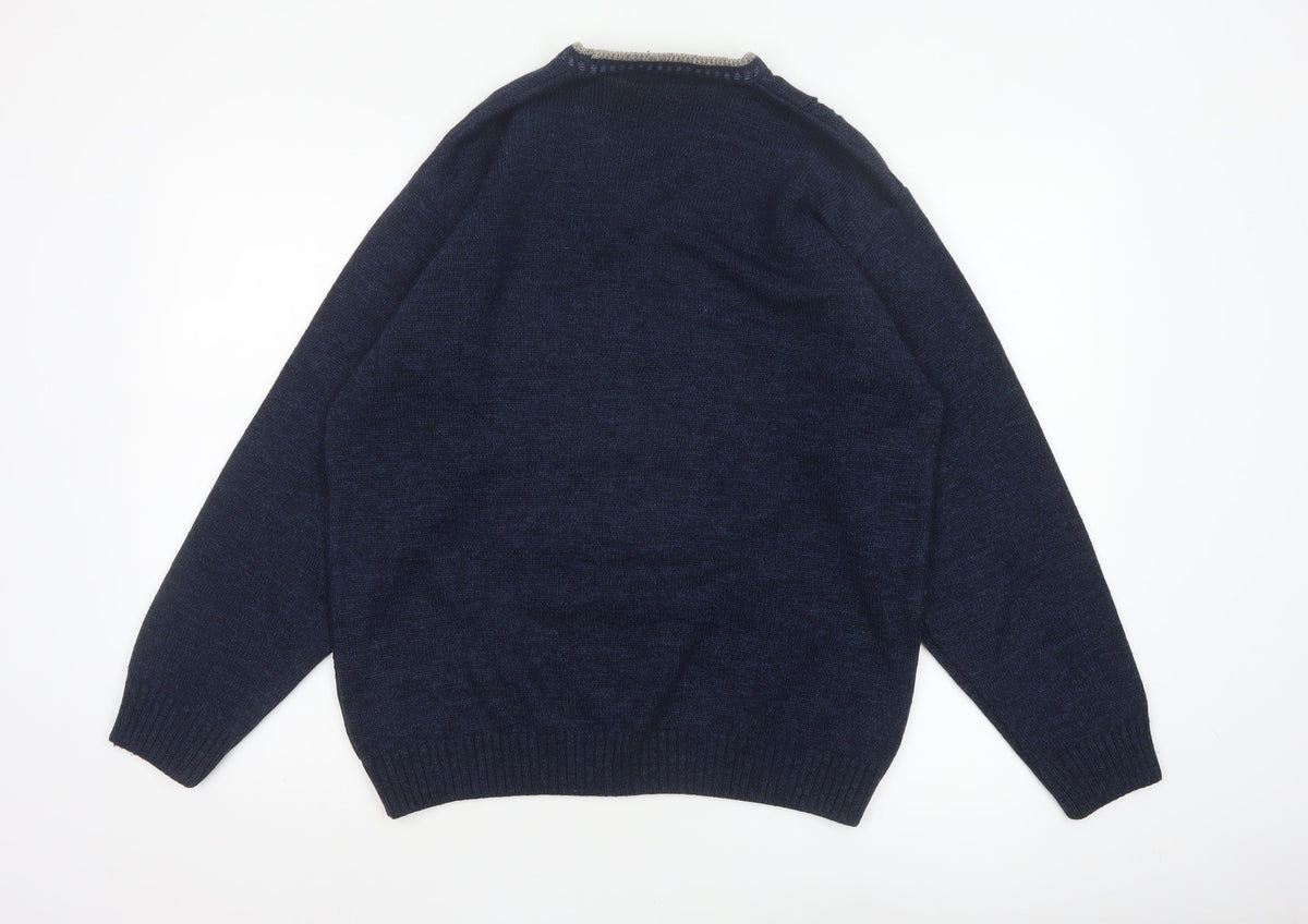 BHS Men's Navy Blue Small V-Neck Geometric Knit Acrylic Pullover Jumper