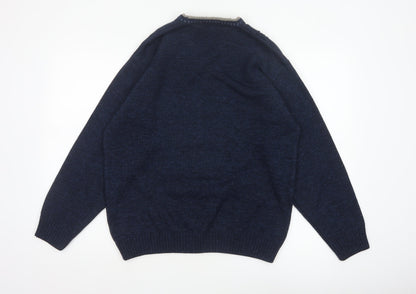 BHS Men's Navy Blue Small V-Neck Geometric Knit Acrylic Pullover Jumper