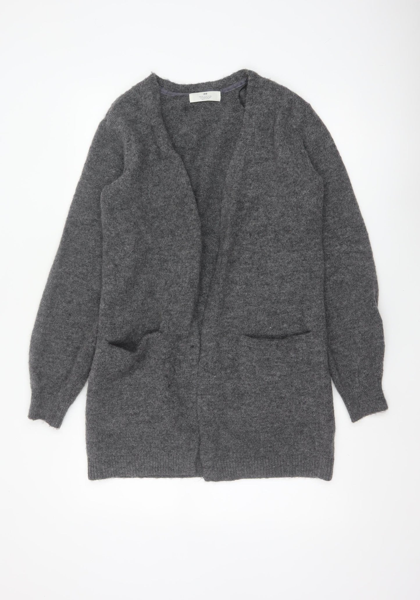 H&M Women Grey Size 14 Open V-Neck Longline Knit Cardigan
