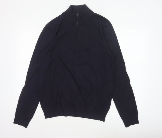 Additional front view of H&M unisex blue m regular fit 1/4 zip high neck viscose jumper