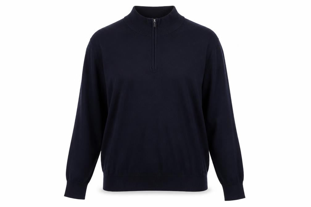 Front view of H&M unisex blue m regular fit 1/4 zip high neck viscose jumper