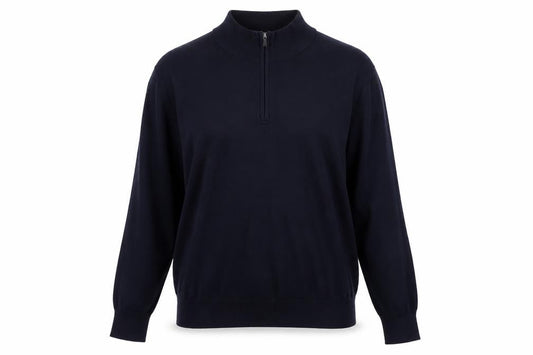 Front view of H&M unisex blue m regular fit 1/4 zip high neck viscose jumper