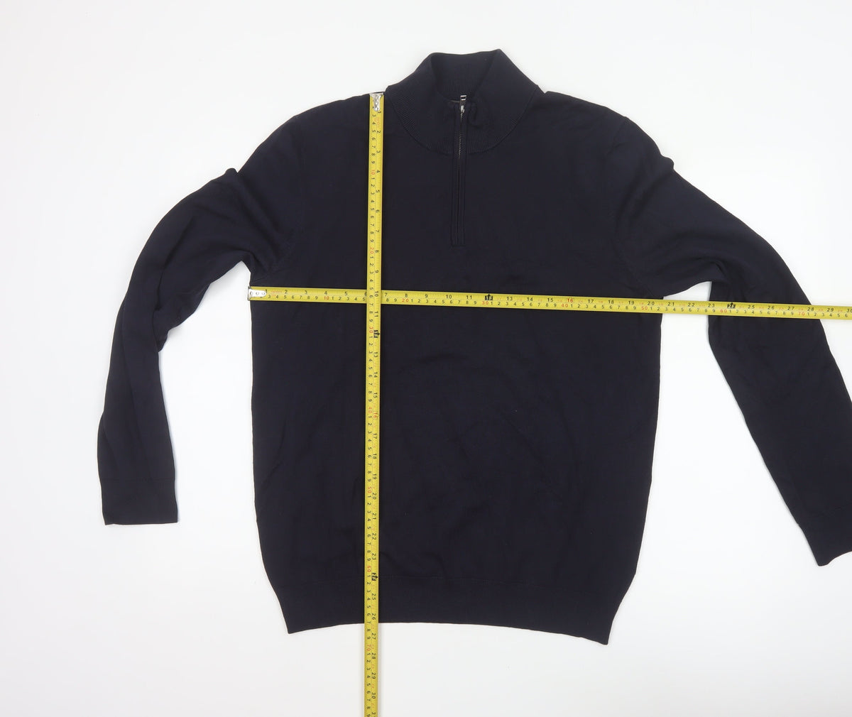 Back view of H&M unisex blue m regular fit 1/4 zip high neck viscose jumper