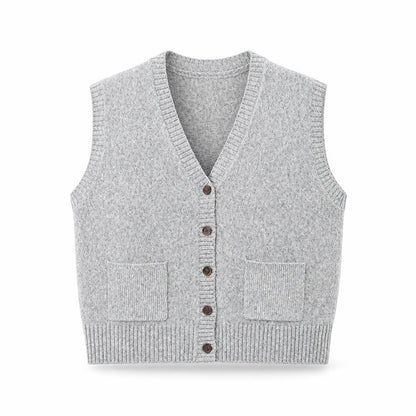 John Lewis ANYDAY Women Grey L V-Neck Button Knit Vest Cardigan Pockets