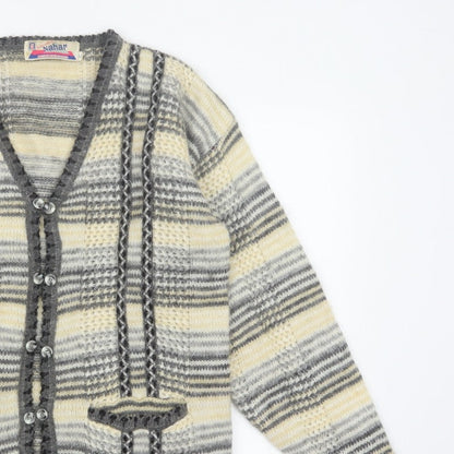 Nahar Women Grey Cream Striped Chunky Knit Button V-Neck Cardigan UK 24