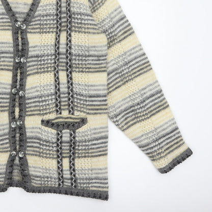 Nahar Women Grey Cream Striped Chunky Knit Button V-Neck Cardigan UK 24