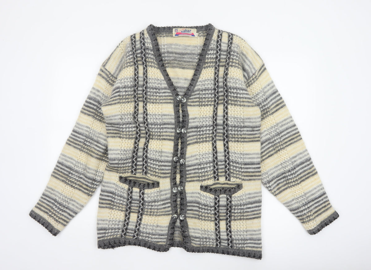 Nahar Women Grey Cream Striped Chunky Knit Button V-Neck Cardigan UK 24