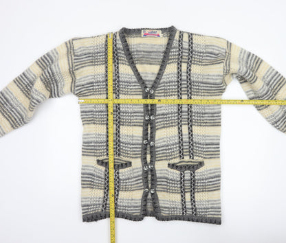 Nahar Women Grey Cream Striped Chunky Knit Button V-Neck Cardigan UK 24