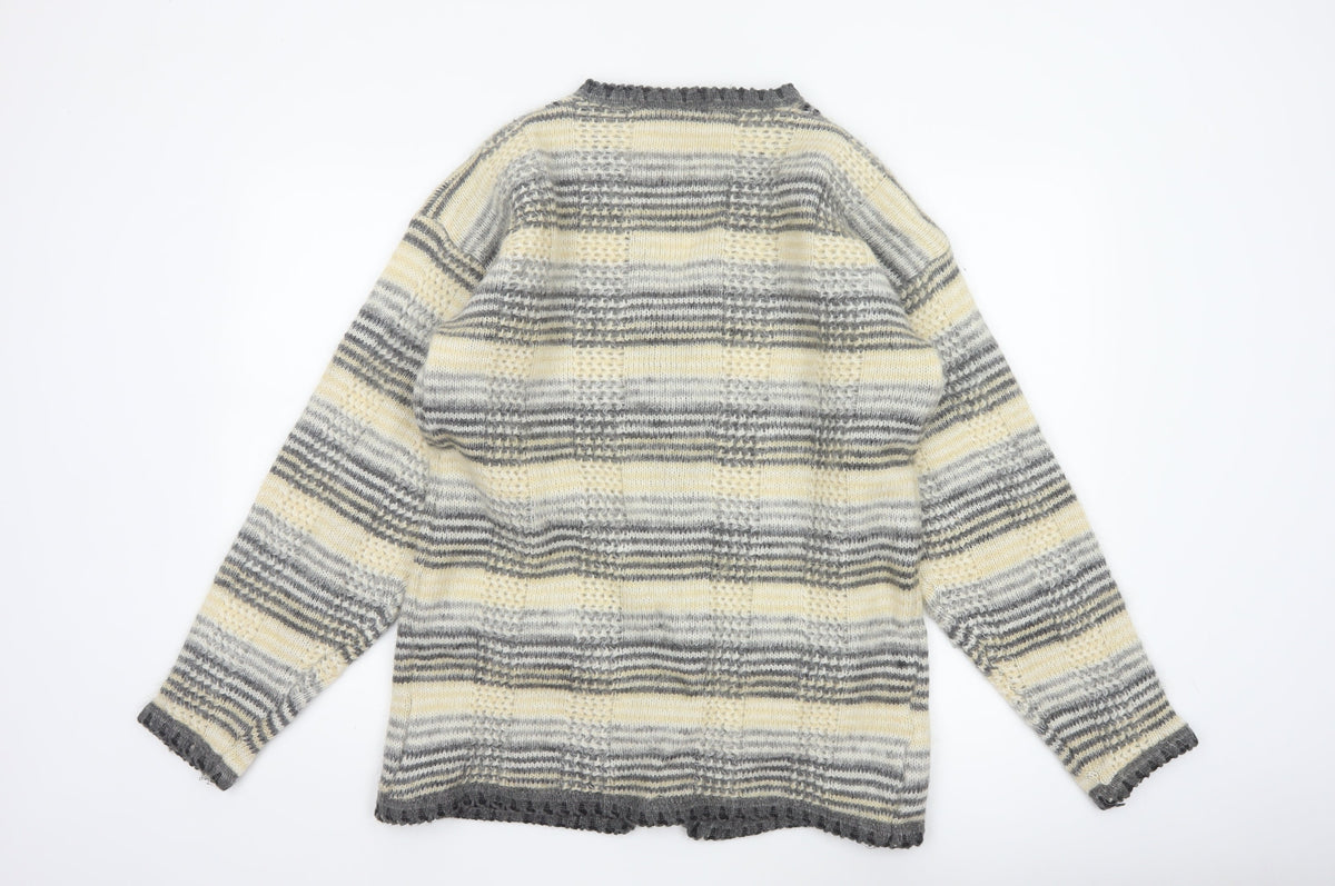 Nahar Women Grey Cream Striped Chunky Knit Button V-Neck Cardigan UK 24