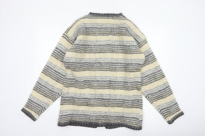 Nahar Women Grey Cream Striped Chunky Knit Button V-Neck Cardigan UK 24