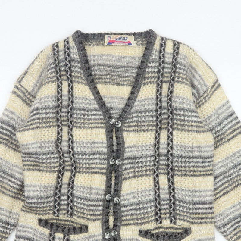 Nahar Women Grey Cream Striped Chunky Knit Button V-Neck Cardigan UK 24