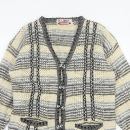 Nahar Women Grey Cream Striped Chunky Knit Button V-Neck Cardigan UK 24