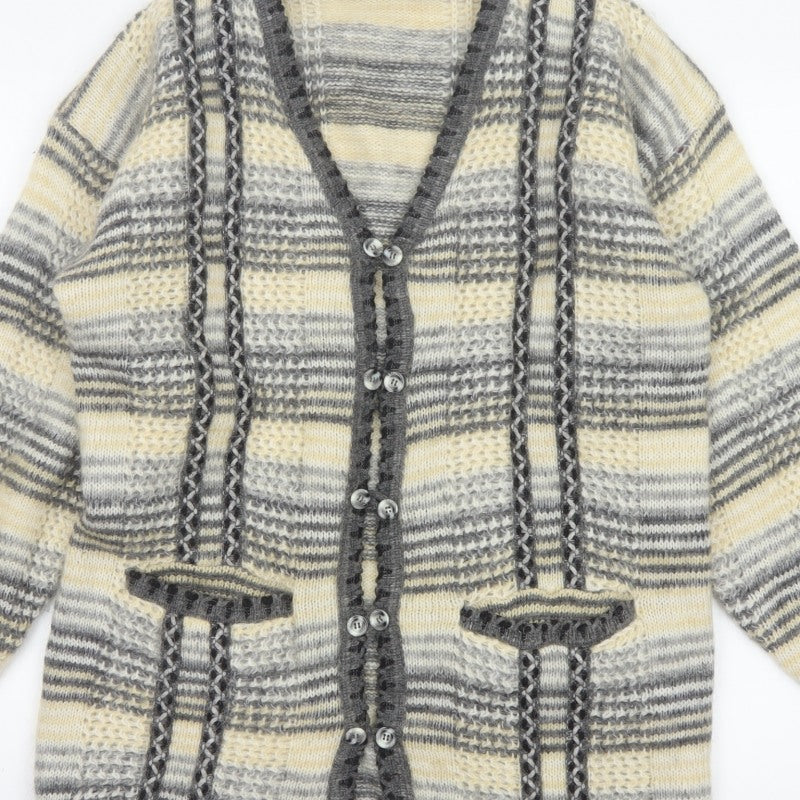 Nahar Women Grey Cream Striped Chunky Knit Button V-Neck Cardigan UK 24
