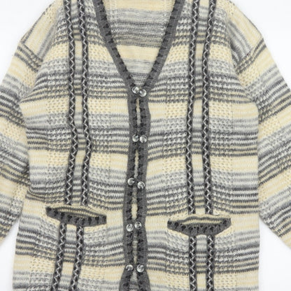 Nahar Women Grey Cream Striped Chunky Knit Button V-Neck Cardigan UK 24