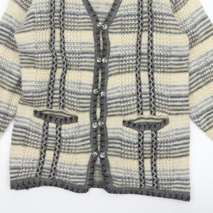 Nahar Women Grey Cream Striped Chunky Knit Button V-Neck Cardigan UK 24