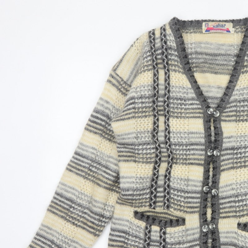 Nahar Women Grey Cream Striped Chunky Knit Button V-Neck Cardigan UK 24
