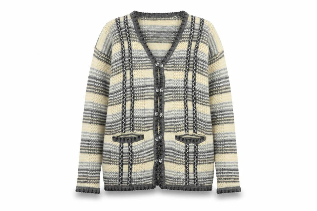Nahar Women Grey Cream Striped Chunky Knit Button V-Neck Cardigan UK 24