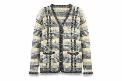 Nahar Women Grey Cream Striped Chunky Knit Button V-Neck Cardigan UK 24