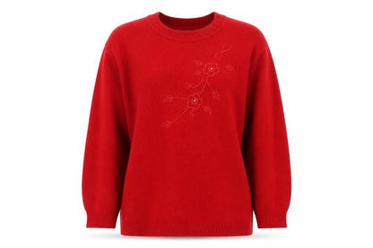 Sona Tex Women’s Red M Floral Embroidered Knit Pullover Jumper