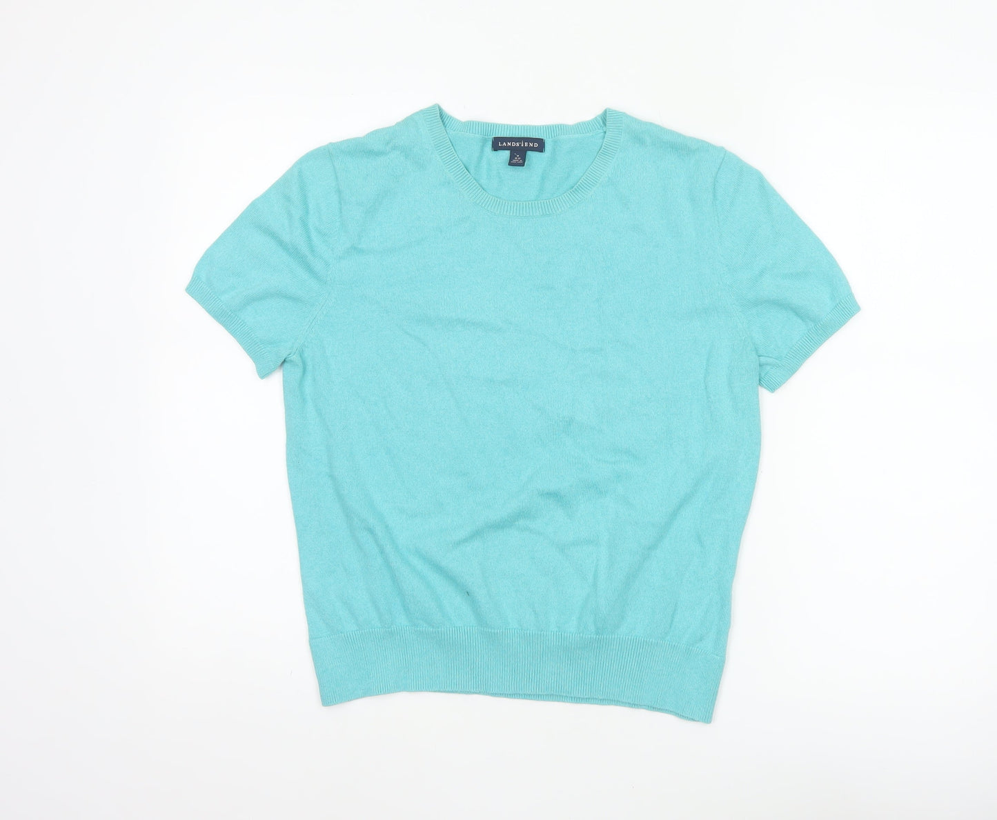 Lands' End Women’s Blue Cotton Short Sleeve Round Neck Jumper M