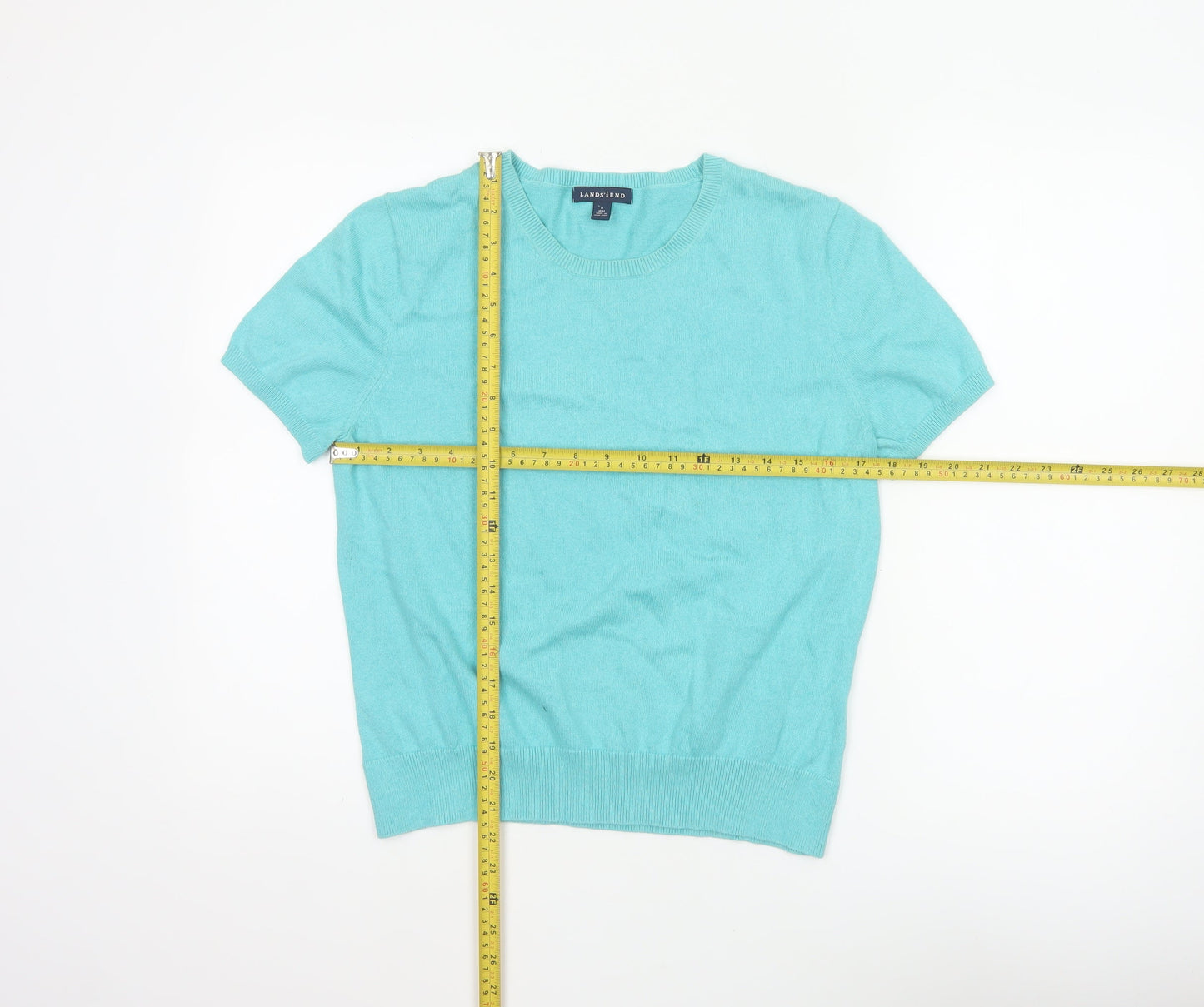 Lands' End Women’s Blue Cotton Short Sleeve Round Neck Jumper M