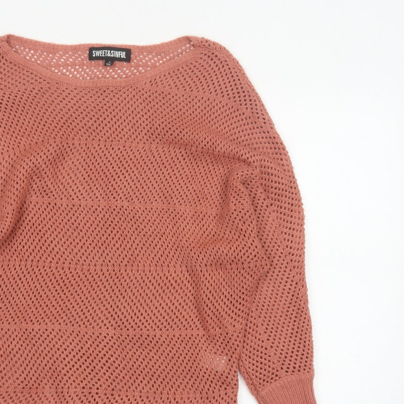 Sweet & Sinful Women’s Pink L Open-Knit Dolman Sleeve Pullover Jumper