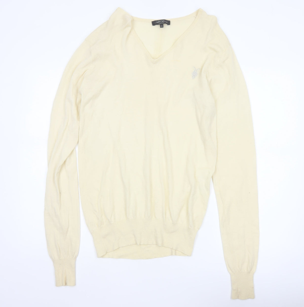 AllSaints Men’s Ivory XL Merino Wool V-Neck Pullover Jumper Logo