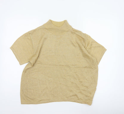 Joan Leslie Women Gold Lurex Knit Mock Neck Short Sleeve Jumper L