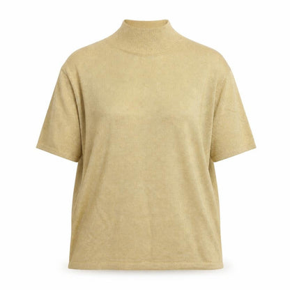 Joan Leslie Women Gold Lurex Knit Mock Neck Short Sleeve Jumper L