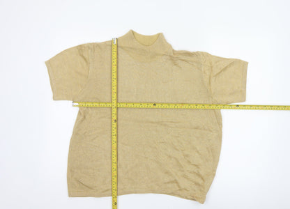 Joan Leslie Women Gold Lurex Knit Mock Neck Short Sleeve Jumper L
