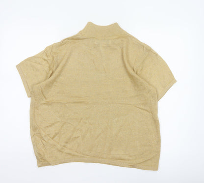 Joan Leslie Women Gold Lurex Knit Mock Neck Short Sleeve Jumper L