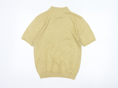 Saco Harbor Women Gold Metallic Rib Knit Mock Neck Short Sleeve Jumper S