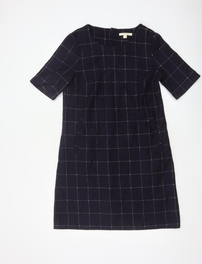 White Stuff Women’s Navy Check Shift Dress UK 12 Wool Blend Bell Sleeve