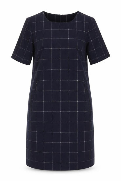White Stuff Women’s Navy Check Shift Dress UK 12 Wool Blend Bell Sleeve